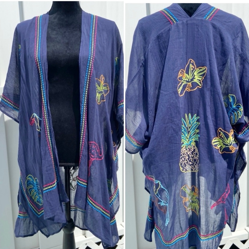 Soft Surroundings Kimono Blue Tropical Embroidered Topper One Size
